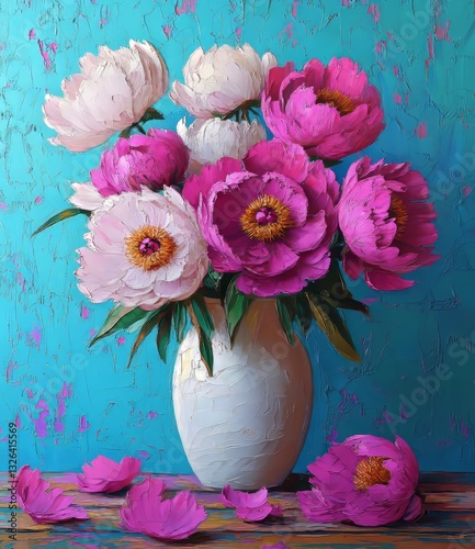 An oil painting illustration showcases peony pink flowers in a white vase, set against a delicate light floral background
