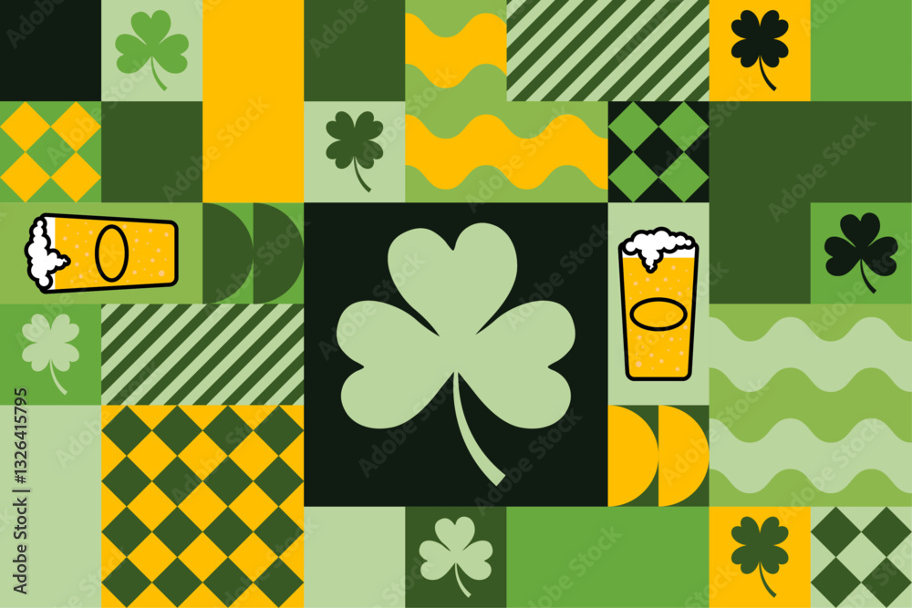 Paterne abstrait et moderne de célébration de la St Patrick, arrière-plan avec trèfles et bières colorés