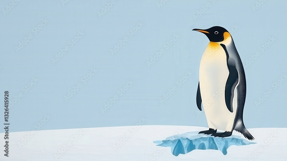 Fototapeta premium Ecological impact wildlife protection concept. Emperor penguin standing on ice against a pale blue background.