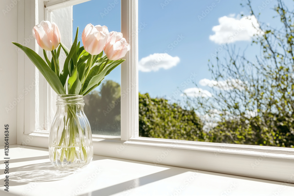 Tulips on a windowsill basking in the sunlight Tulips on a windowsill basking in the sunlight