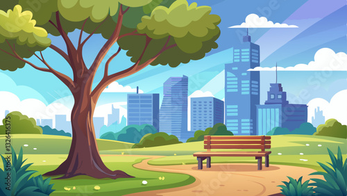peaceful city park with a wooden bench under a large oak tree, overlooking a skyline of modern skyscrapers.