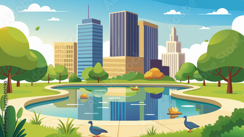 small pond in the park with ducks swimming, reflecting the tall office buildings behind it.