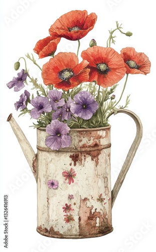 This watercolor drawing showcases poppies and bindweed inside a watering can