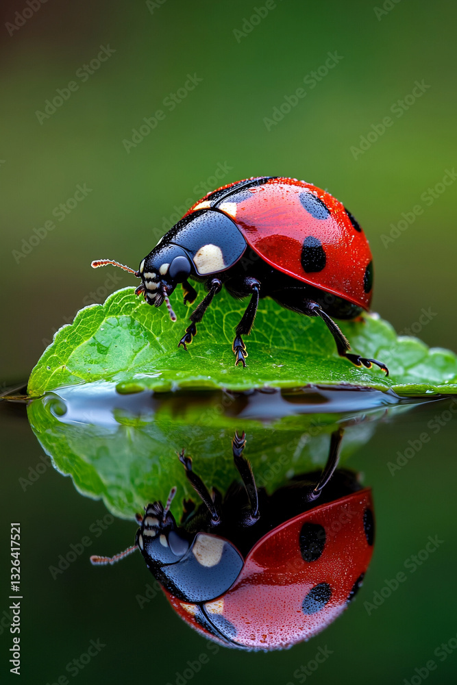 Obraz premium a ladybug on the edge of a green leaf, its reflection in the water, a macro photograph with high resolution, high detail