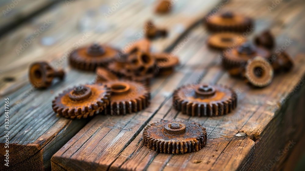 Rusty metal gears and bolts scattered on a wooden workbench, symbolizing mechanical wear and repair, industrial maintenance, and vintage machinery concepts. Rusty metal gears and bolts scattered on a wooden workbench, symbolizing mechanical wear and repair, industrial maintenance, and vintage machinery concepts.
