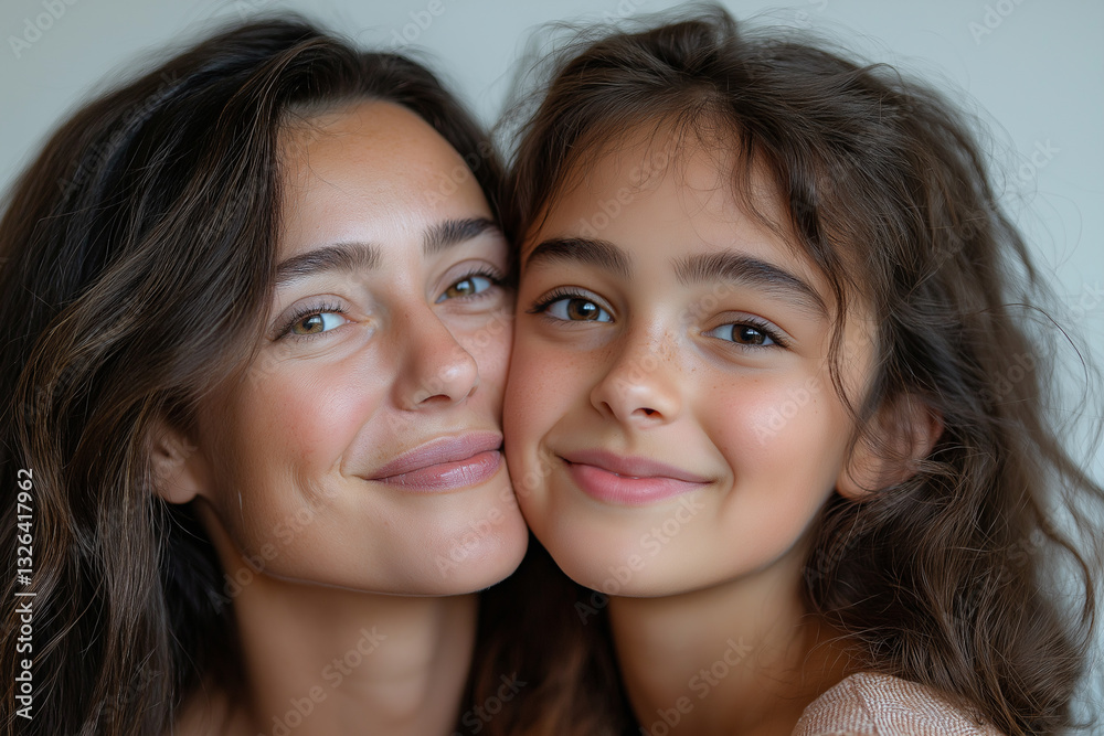 Mother and daughter smiling joyfully, their faces close together, radiating love and happiness. Mother's day. Mother and daughter smiling joyfully, their faces close together, radiating love and happiness. Mother's day.