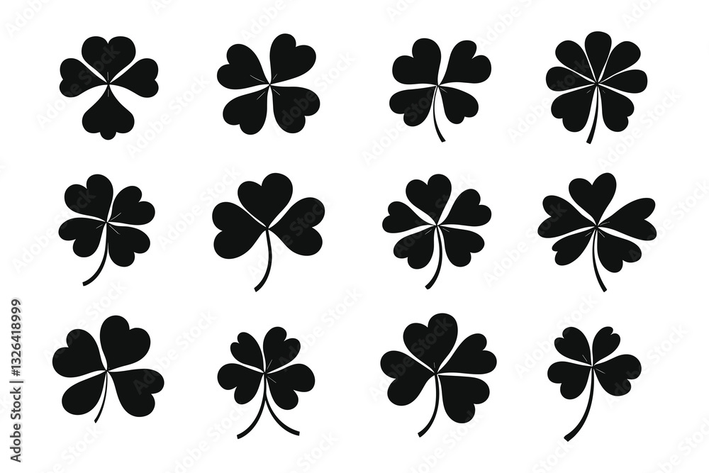 Set of black silhouette clover leaf icons, flat design, vector illustration, white background. Clover silhouette set vector design big pack of shamrock illustration and icon. Set of black silhouette clover leaf icons, flat design, vector illustration, white background. Clover silhouette set vector design big pack of shamrock illustration and icon.