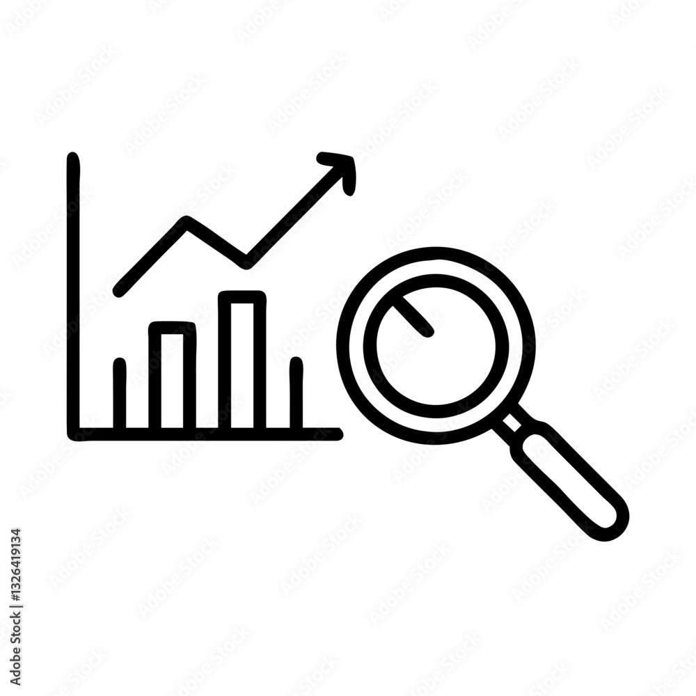 Data analytics graph with magnifying glass on white background Data analytics graph with magnifying glass on white background