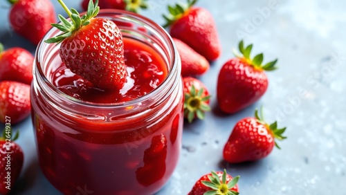 Strawberry jam poster design, strawberries falling inside the jar, the jar sitting on a clean table with fresh straberries