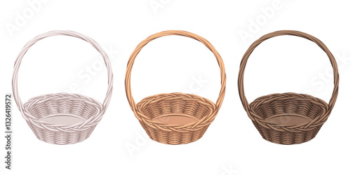 A set of wicker picnic baskets for bouquets of flowers isolated on a white background. The product is made of handmade bast. Empty rattan container.
