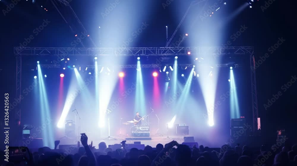 A bright concert stage with colorful lights and spotlights shining on the audience, creating a vibrant atmosphere perfect for live performances, entertainment, and music events.