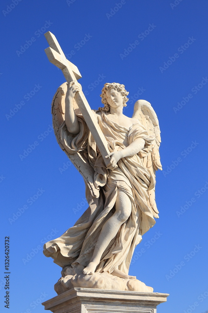Angel with the Cross Statue with Bright Blue Sky At Ponte Sant'Angelo Bridge in Rome, Italy, March 2025 Angel with the Cross Statue with Bright Blue Sky At Ponte Sant'Angelo Bridge in Rome, Italy, March 2025