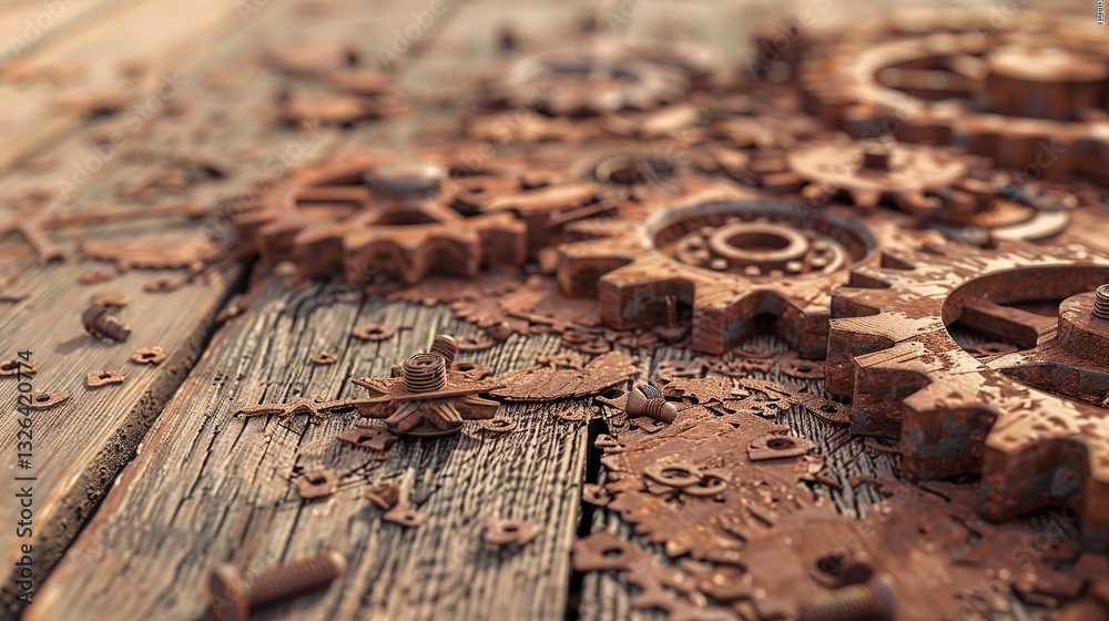 Naklejka premium Rusty metal gears and bolts scattered on a wooden workbench, symbolizing mechanical wear and repair, industrial maintenance, and vintage machinery concepts.