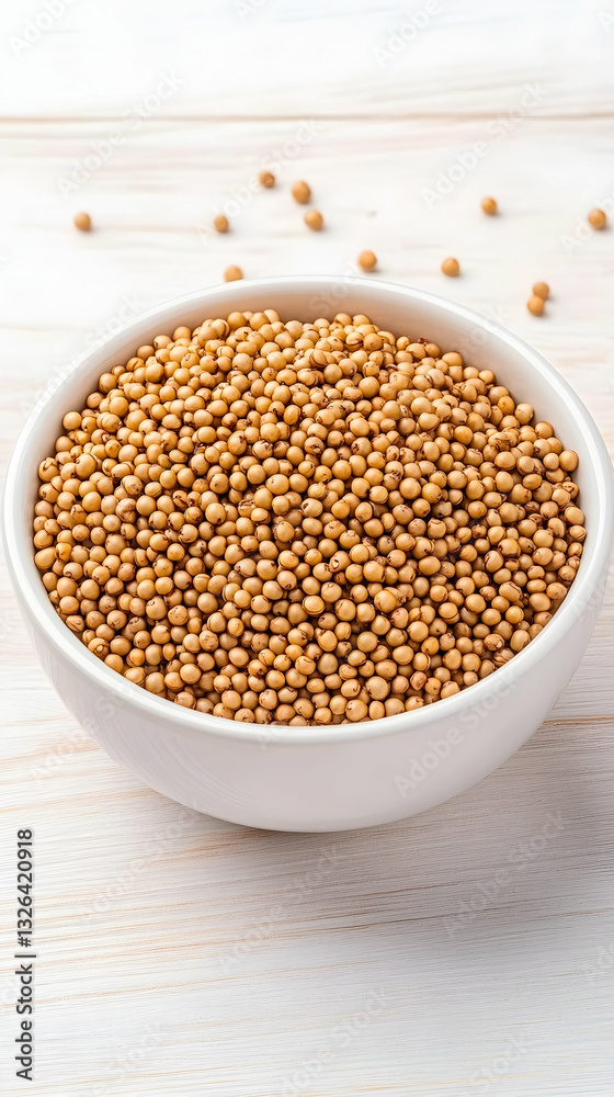 Round mustard seeds in a white bowl Round mustard seeds in a white bowl