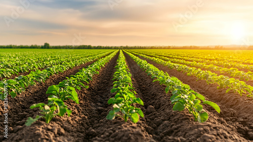 Rows of young potato plants in a field at sunset