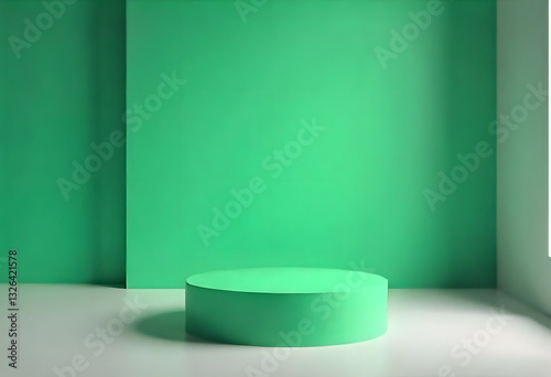 Minimalist green podium in warm studio lighting for product display