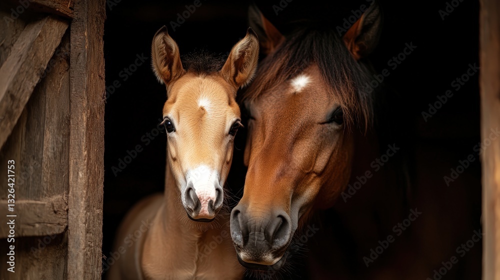 Obraz premium A mother horse and her tender foal stand closely together in a rustic stable, showcasing the bond of love, trust, and affection in the tranquil setting of rural life.