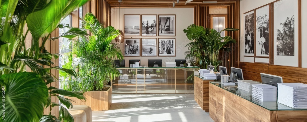 Fototapeta premium Modern office reception area with plants and framed artwork displayed
