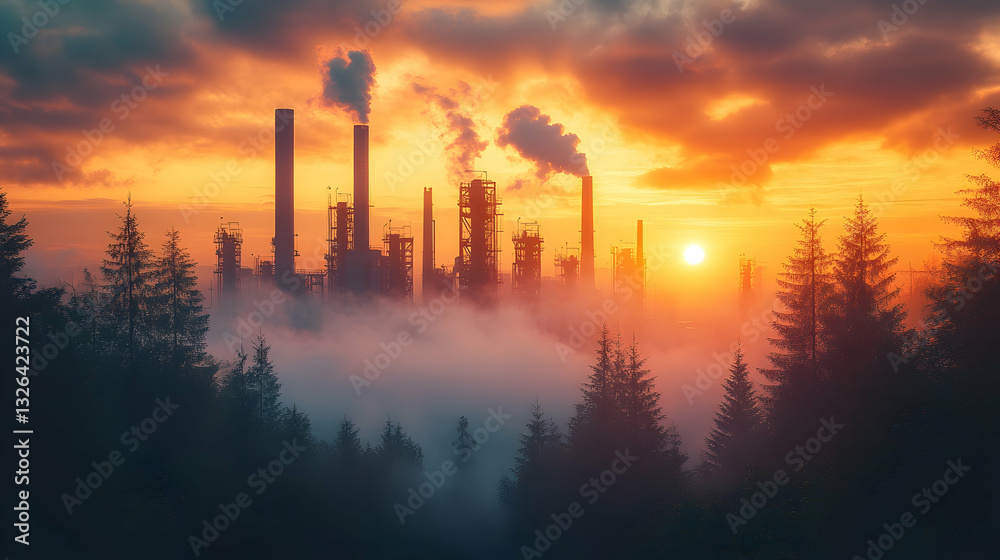 Industrial sunset over foggy forest Industrial sunset over foggy forest