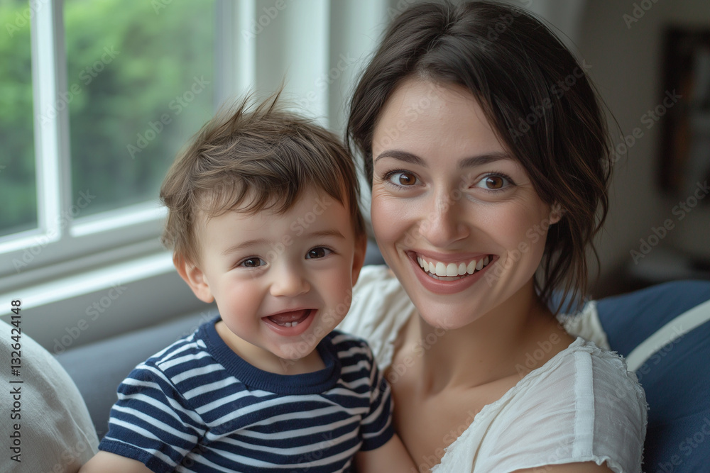 Happy mother holding her son, sitting on the couch in front of a window at home. Happy mother holding her son, sitting on the couch in front of a window at home.