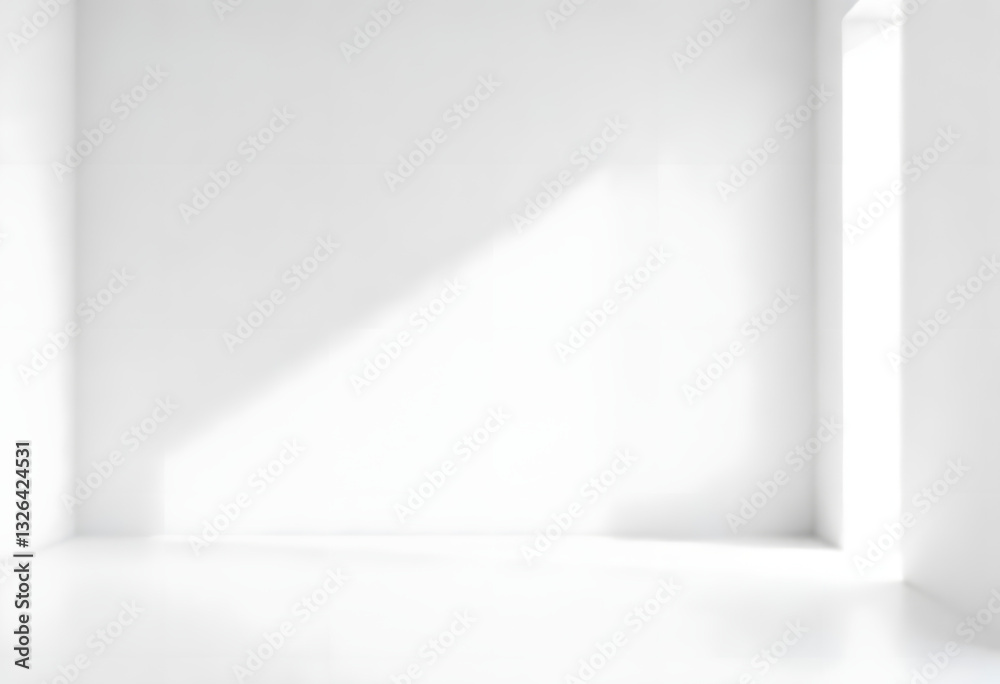 Obraz premium Empty white room with soft window light shadows on wall. White wall in an empty room with concrete floor