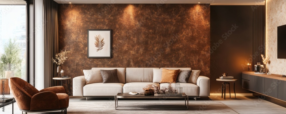 Fototapeta premium A modern living room features a large sofa and decor