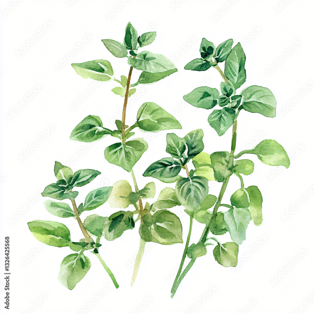 Fototapeta premium Watercolor hand-painted Marjoram branch with leaf on a white background, flat watercolor painting, simple design, AI painting design, AI
