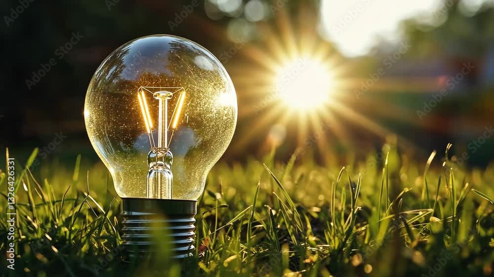 Light bulb resting in green grass with warm sunlight shining in the background during a serene afternoon