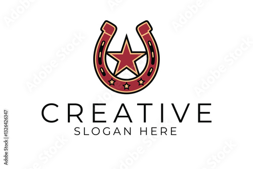 Red Horseshoe Star Logo Design Modern Vintage Style icon good stars lucky charm ranch     