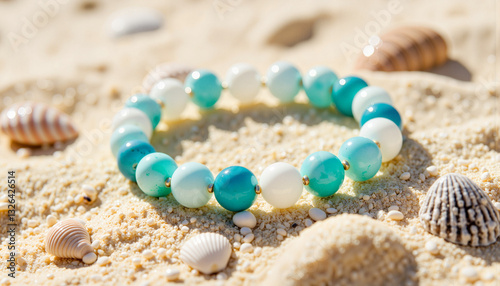 Beaded bracelet resting on sandy beach with seashells, coastal elegance