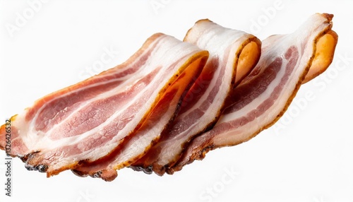 Dynamic Shot of Flying Bacon Slices Isolated on White Background