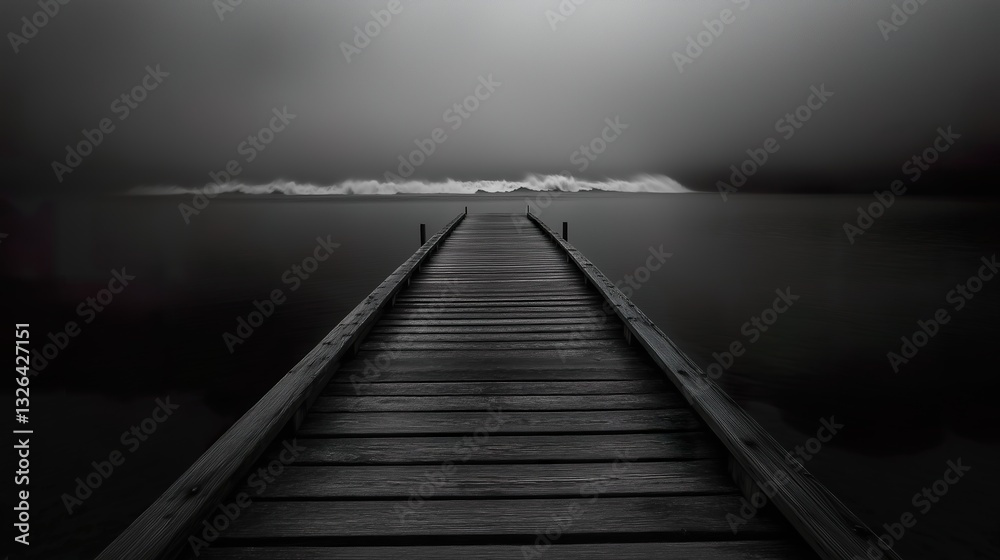 Obraz premium Black and white image of wooden pier leading into distant foggy horizon over calm water