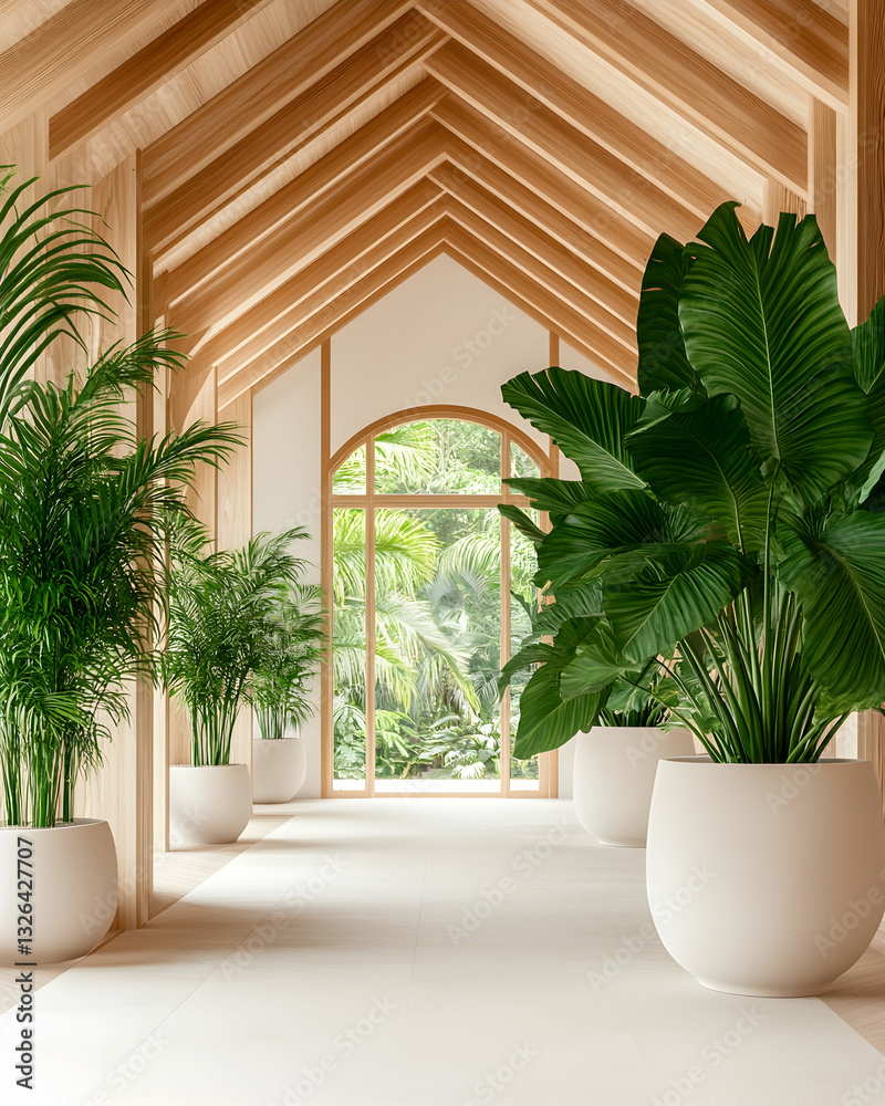 Fototapeta premium Tranquil, light-filled hallway with lush greenery and a view