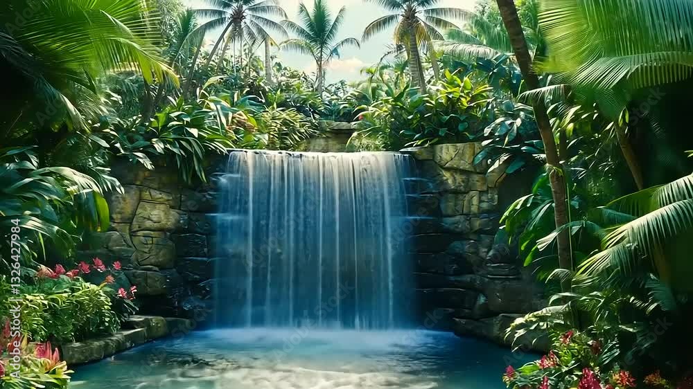 Serene waterfall cascading into a tranquil pool surrounded by lush tropical plants and vibrant flowers Serene waterfall cascading into a tranquil pool surrounded by lush tropical plants and vibrant flowers