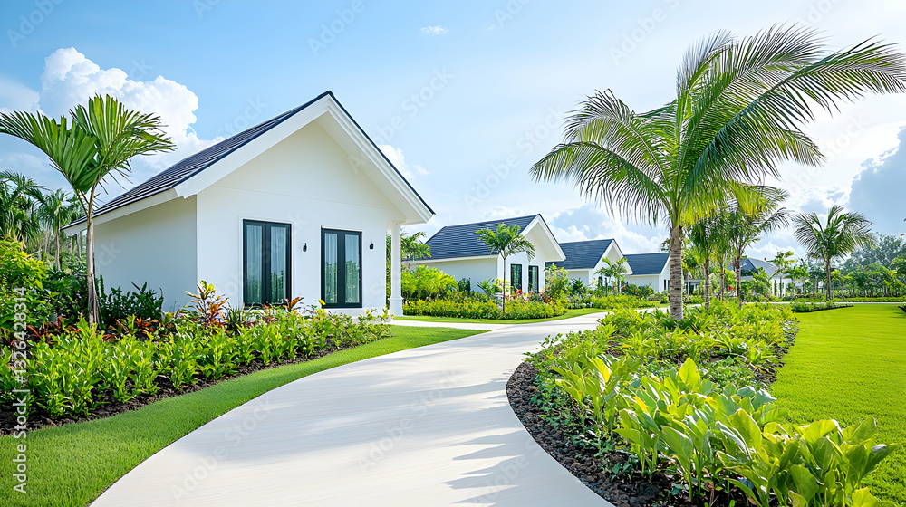 Tropical vacation homes lined by a paved path Tropical vacation homes lined by a paved path