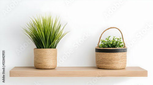 Two potted plants on a wooden shelf