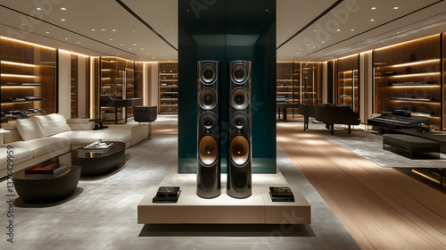 Luxurious audio showroom with modern design.  Spacious, elegant interior featuring high-end audio equipment, comfortable seating, and a sophisticated ambiance.  Dedicated