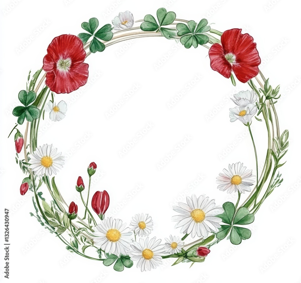 This watercolor wreath is a tender representation of a summer floral arrangement, consisting of clover, daisies, and other meadow flowers, isolated on white This watercolor wreath is a tender representation of a summer floral arrangement, consisting of clover, daisies, and other meadow flowers, isolated on white
