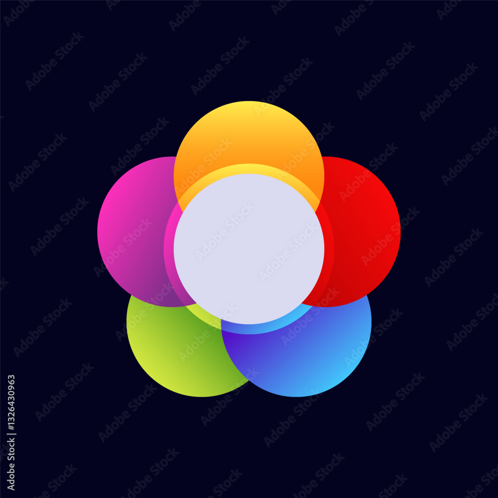 Multicolored overlapping disks create a striking circular design with vibrant gradients and hues.