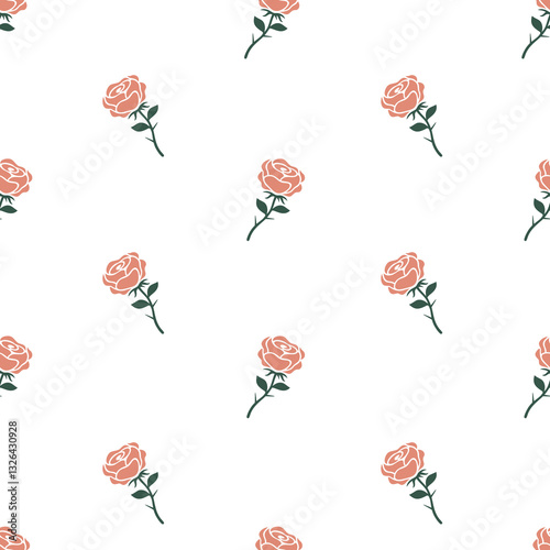 Seamless Vector Light Coral Rose Design Pattern In White Background