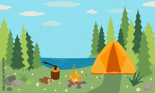Camping concept. Illustration of landscape, forest, tent, and a campfire. Camping in nature. Summer camp. Design for banner, poster, website, emblem, logo.