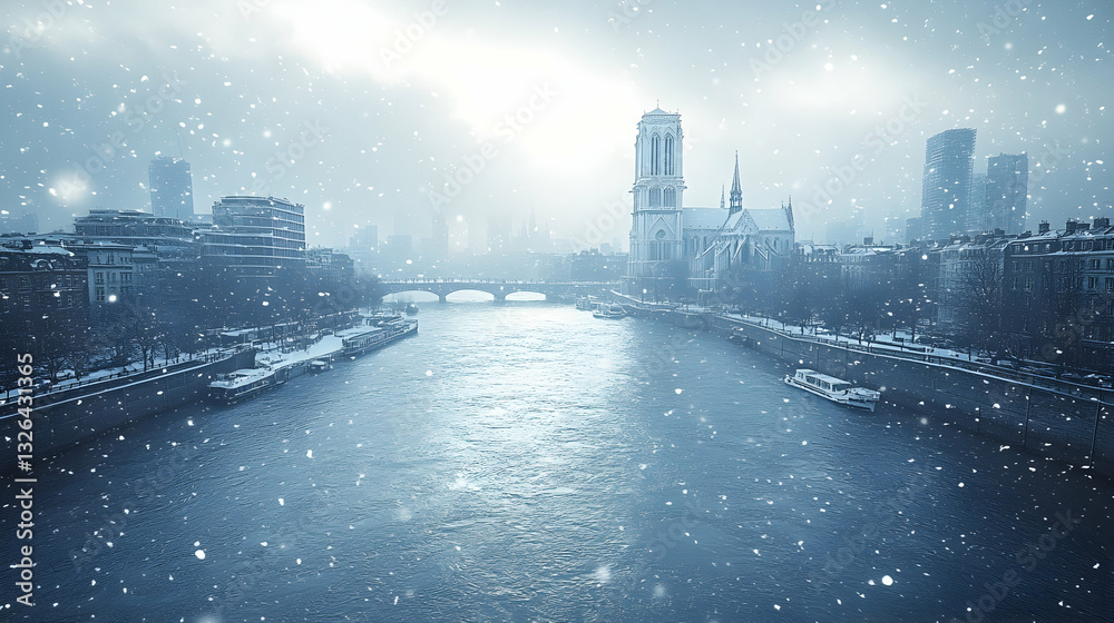 Fototapeta premium Snowy Parisian cityscape