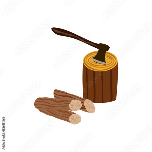 Axe in tree stump isolated on white. Vector cartoon illustration