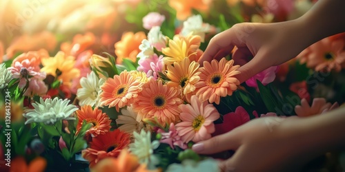 Hands gently picking vibrant flowers in a sunlit floral arrangement at a garden market