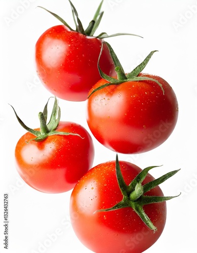 Dynamic Shot of Flying Fresh Tomatoes Isolated on White Background with Clipping Path