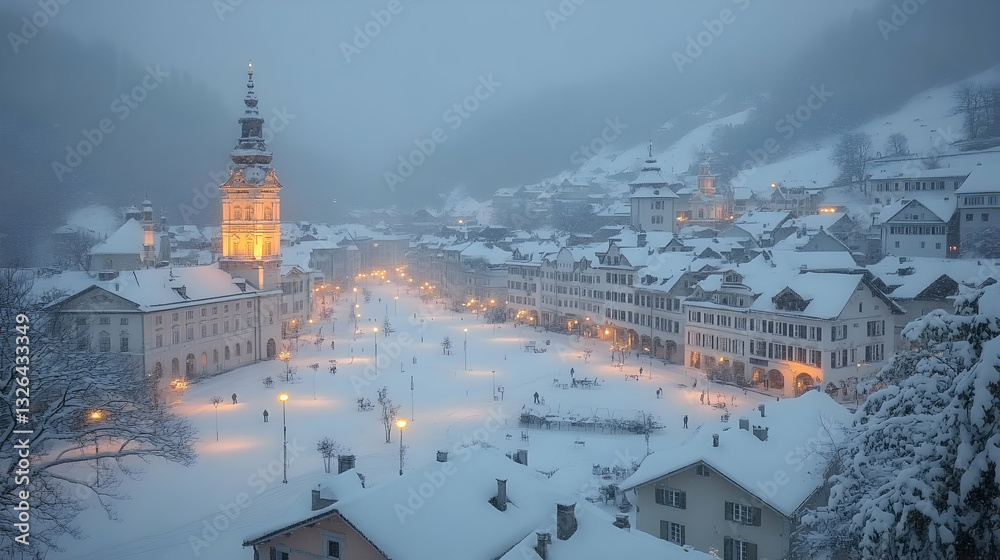 Naklejka premium Snowy town square at dusk
