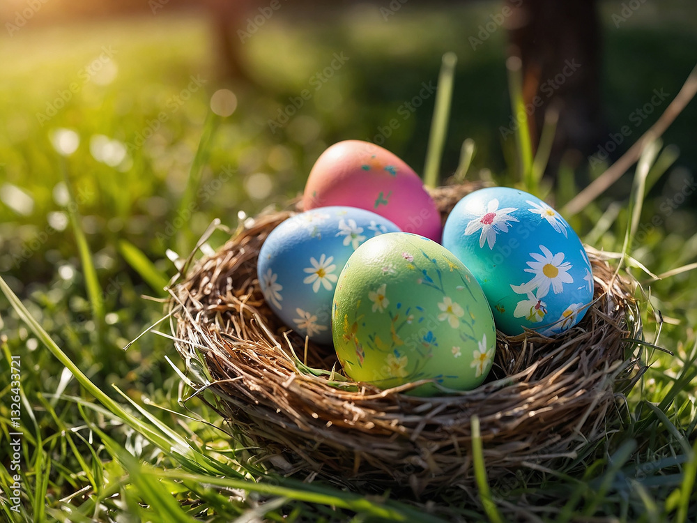 Obraz premium Three painted easter eggs in a birds nest celebrating a Happy Easter on a spring day with a green grass meadow and blurred grass foreground and bright sunlight background with copy space.