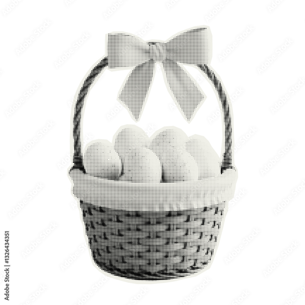 Vector Easter basket with eggs. Trendy retro element with a halftone effect for collage, poster, banner, cover design.