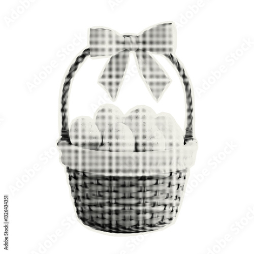 Vector Easter basket with eggs. Trendy retro element with a halftone effect for collage, poster, banner, cover design.