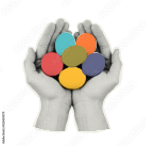 Vector hands with colorful easter eggs. Trendy retro element with a halftone effect for collage, poster, banner, cover design.